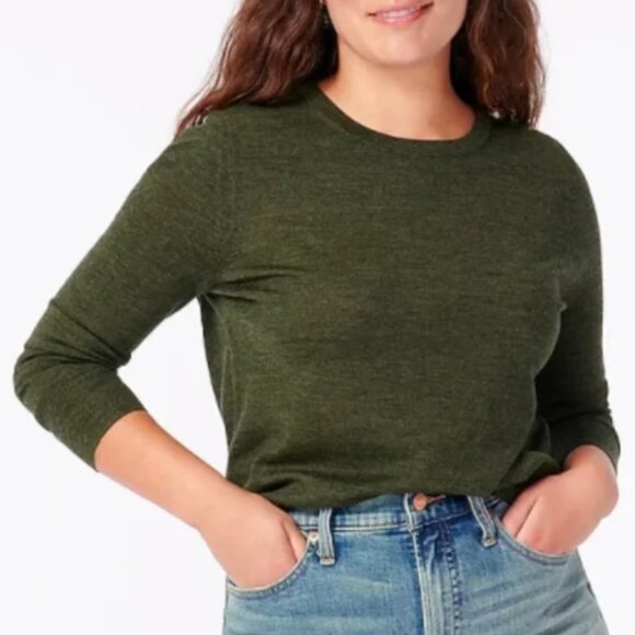J. Crew Heathered Olive Green Crew Neck Sweater Merino Wool Blend 3/4 sleeve - Picture 1 of 6